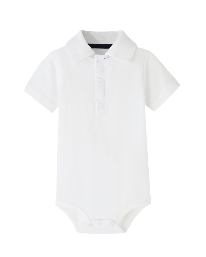 Teach Leanbh Baby Boys Pure Color Cotton Short Long Sleeve Polo Bodysuit 3-24 Months (White, 6 Months) - Image 1